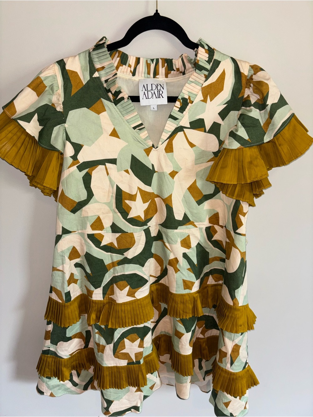 Alden Adair Sage, Olive & Mustard Abstract Pleated V-Neck Dress